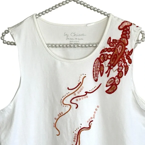 Chicos Beaded Sequin Lobster Tank Top Sz 2 Large Beachy Coastal Embroidered Flaw - Picture 3 of 11